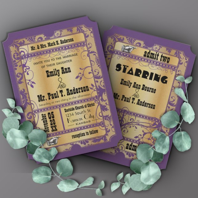 Purple Gold Rustic Vintage Ticket Wedding Invitation (Creator Uploaded)
