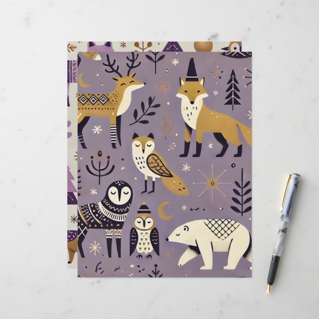 Purple & Gold Scandinavian Animals Scrapbook (Front/Back In Situ)