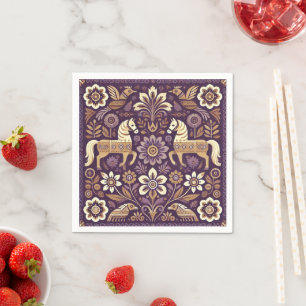 Purple & Gold Scandinavian Folk Art Decoupage Napkin