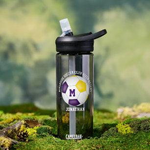 purple gold school club team player name soccer water bottle