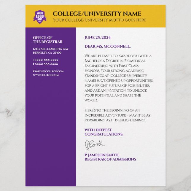 Purple Gold School College University Custom Letterhead (Front)