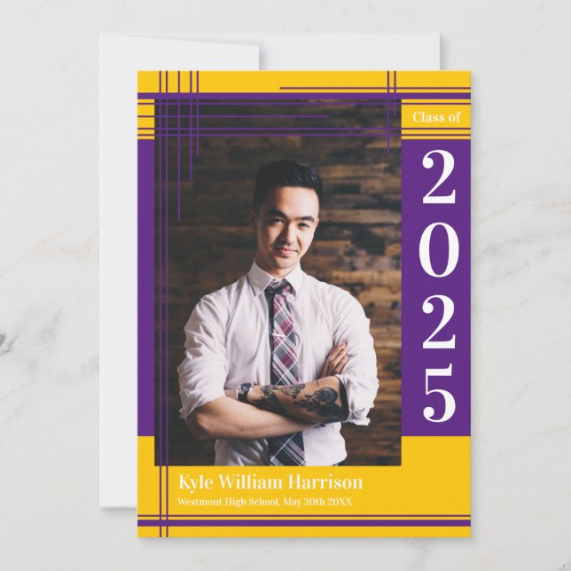 Purple Gold School Colour Graduation Photo Plaid Invitation (Front)