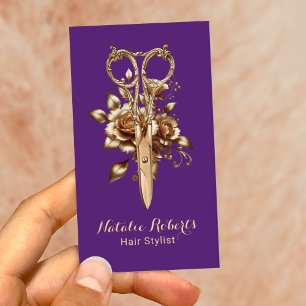 Purple Gold Scissor Flower Hair Stylist Salon SPA Business Card