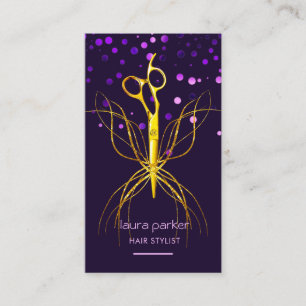 Purple Gold Scissor Hair Stylist Professional Business Card