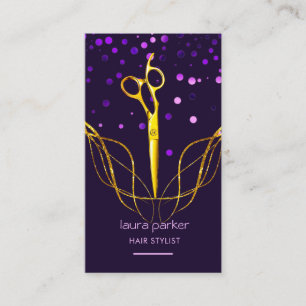 Purple Gold Scissor Hair Stylist Professional Business Card