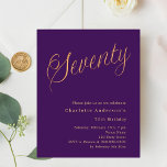 Purple gold script 70th birthday invitation<br><div class="desc">A modern,  stylish invitation for a 70th birthday party.  A purple coloured background and the word Seventy written with elegant large script letters in faux gold. Personalise and add a name and party details. 

1 sheet = 1 invitation printed edge to edge.</div>
