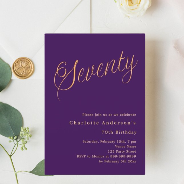 Purple gold script 70th birthday invitation (Creator Uploaded)