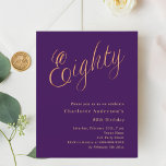 Purple gold script 80th birthday invitation<br><div class="desc">A modern,  stylish invitation for a 80th birthday party.  A purple coloured background and the word Eighty written with elegant large script letters in faux gold. Personalise and add a name and party details. 

1 sheet = 1 invitation printed edge to edge.</div>