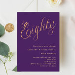 Purple gold script 80th birthday invitation<br><div class="desc">A modern,  stylish invitation for a 80th birthday party.  A purple coloured background and the word Eighty written with elegant large script letters in faux gold. Personalise and add a name and party details.</div>