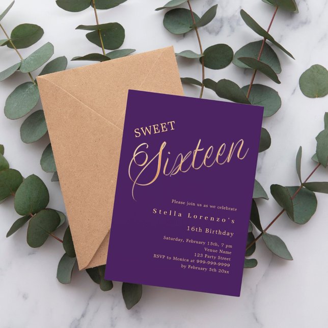 Purple gold script elegant Sweet 16 Invitation (Creator Uploaded)