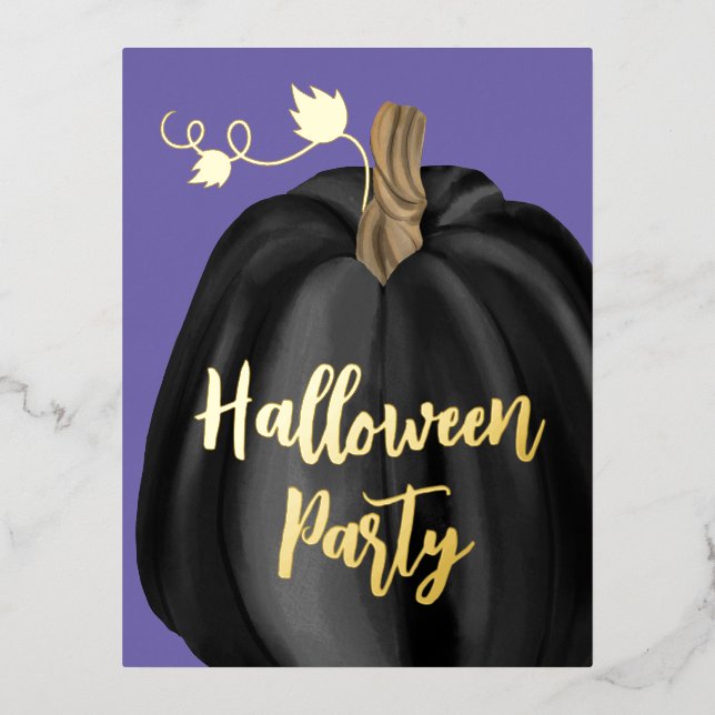 Purple Gold Script Pumpkin Halloween Party  Foil Invitation Postcard (Front)