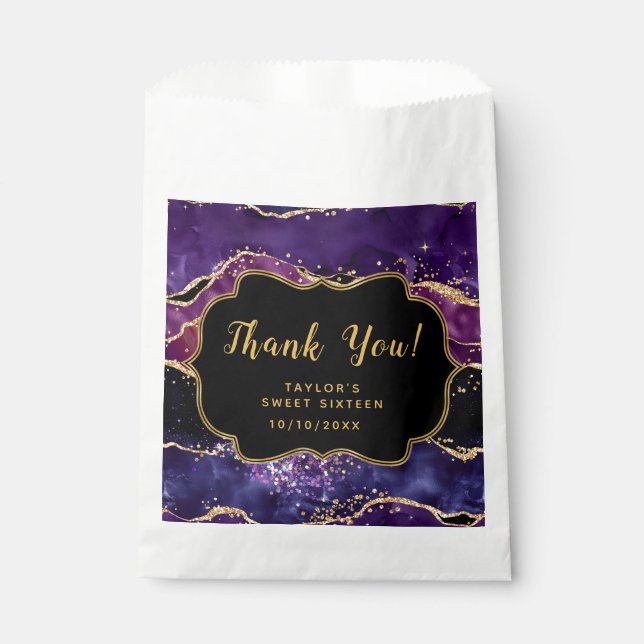 Purple Gold Sequins Agate Sweet Sixteen Thank You Favour Bags (Front)