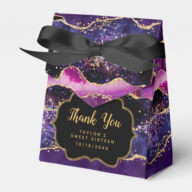 Purple Gold Sequins Agate Sweet Sixteen Thank You Favour Box (Front Side)