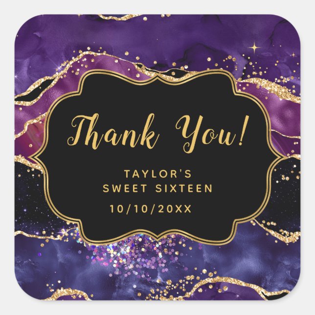 Purple Gold Sequins Agate Sweet Sixteen Thank You Square Sticker (Front)