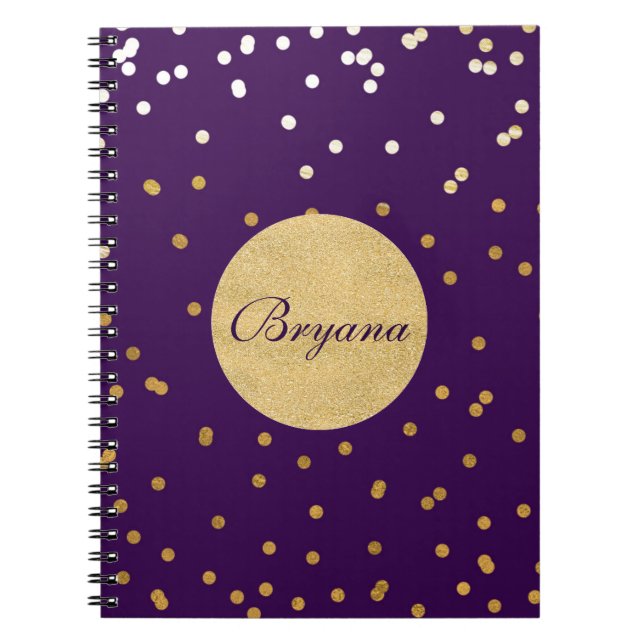 Purple & Gold Shiny Confetti Dots Modern Notebook (Front)