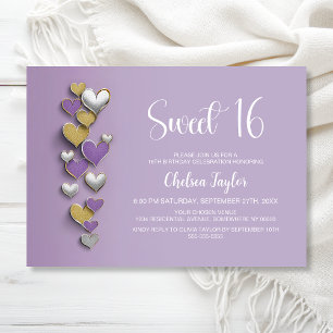 Purple Gold Silver Heart Theme Sweet 16 Birthday Invitation