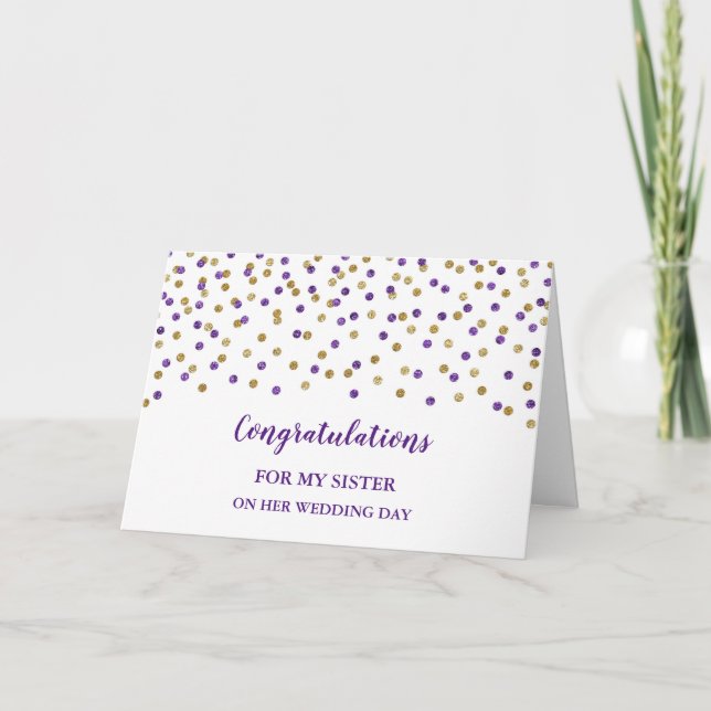 Purple Gold Sister Wedding Day Congratulations Card (Front)
