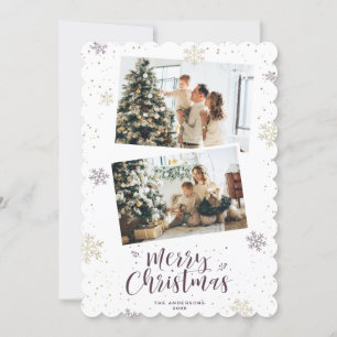 Purple Gold Snowflake Photo Merry Christmas Holiday Card