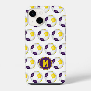 purple gold soccer balls pattern monogrammed iPhone 14 case