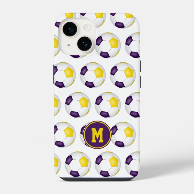 purple gold soccer balls pattern monogrammed iPhone case (Back)