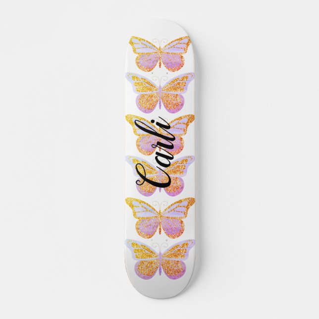 Purple Gold Sparkle Butterflies Personalised Skateboard (Front)