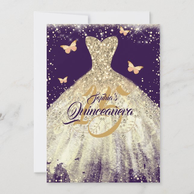 Purple Gold Sparkle Butterfly Dress Quinceanera Invitation (Back)