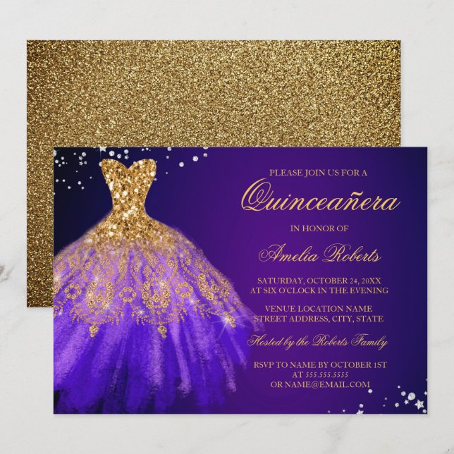 Purple Gold Sparkle Dress Quinceanera Invitation (Front/Back)