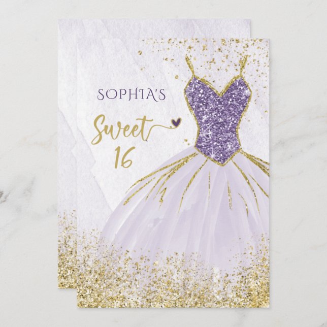 Purple Gold Sparkle Dress Sweet 16 birthday Invitation (Front/Back)