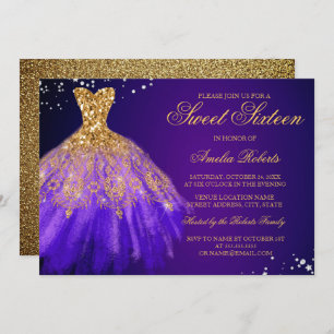 Purple Gold Sparkle Dress Sweet Sixteen Invitation