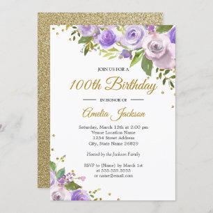 Purple Gold Sparkle Floral 100th Birthday Invite