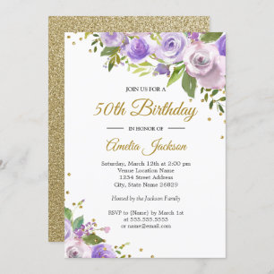 Purple Gold Sparkle Floral 50th Birthday Invite