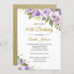 Purple Gold Sparkle Floral 90th Birthday Invite<br><div class="desc">More pretty floral Birthday Invitations in the Little Bayleigh Store!</div>