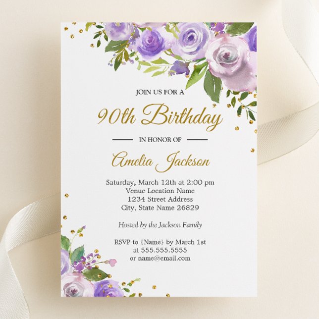 Purple Gold Sparkle Floral 90th Birthday Invite (Creator Uploaded)