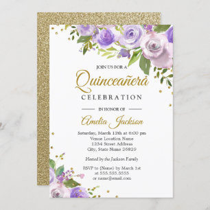 Purple Gold Sparkle Floral Quinceanera Invite