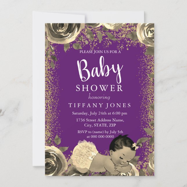 Purple & Gold Sparkle Glitter Baby Shower Invite (Front)