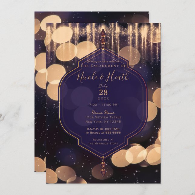 Purple Gold Sparkle Lights Mystical Engagement Invitation (Front/Back)