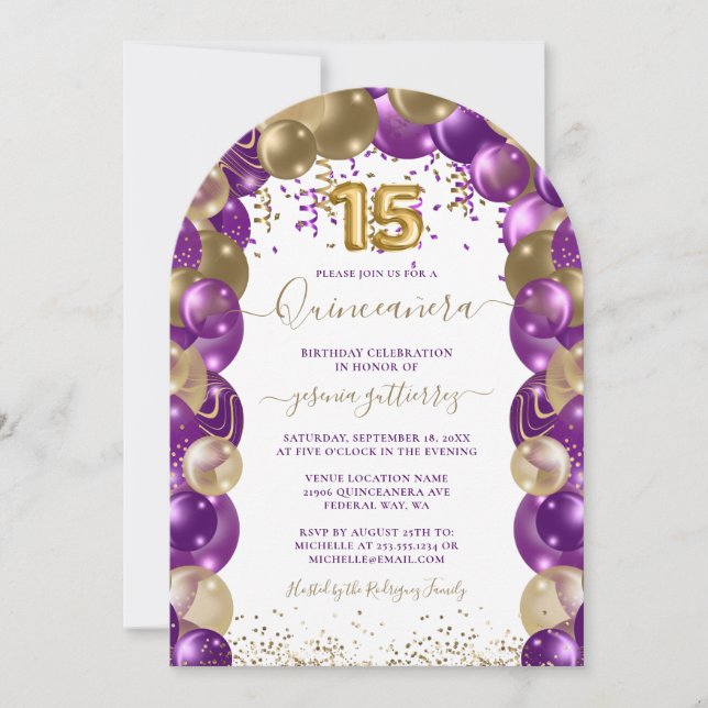 Purple Gold Sparkle Quinceañera Balloon Invitation (Front)