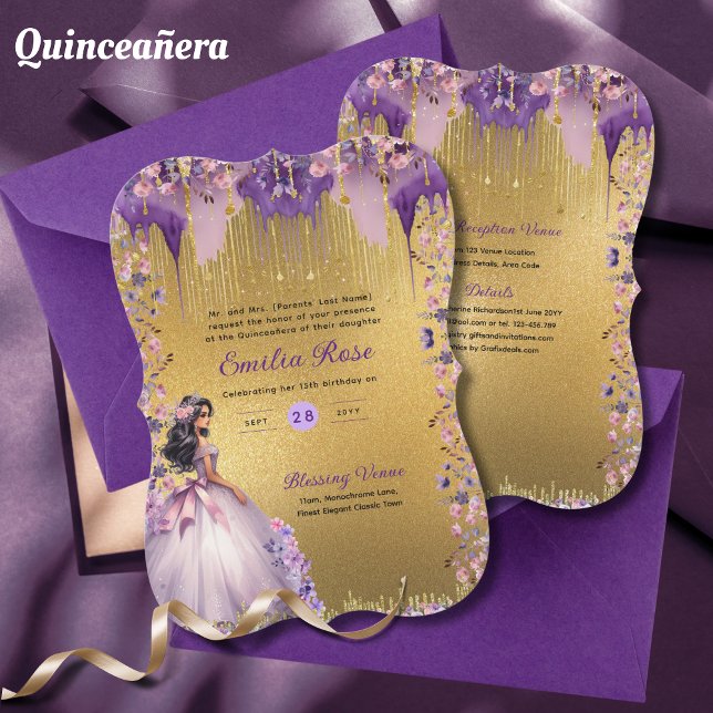 Purple Gold Sparkle Quinceanera Dress Floral Roses Invitation (Creator Uploaded)