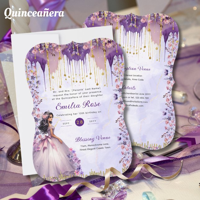 Purple Gold Sparkle Quinceanera Dress Floral Roses Invitation (Creator Uploaded)