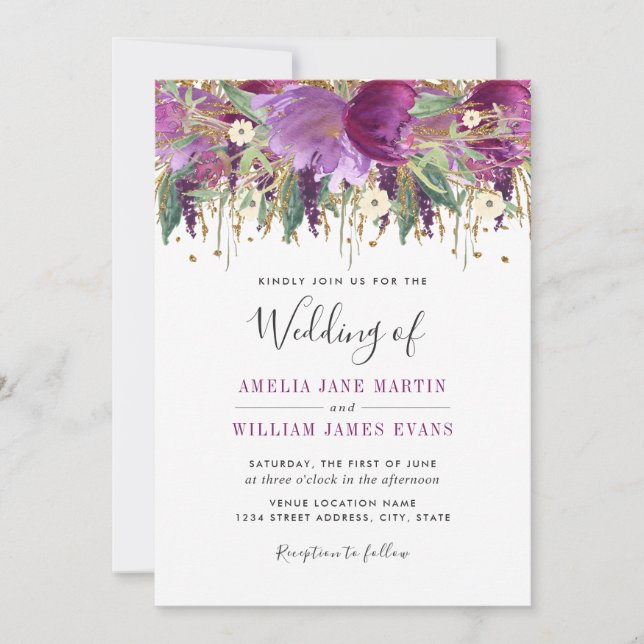 Purple Gold Sparkling Amethyst Wedding Invitation (Front)