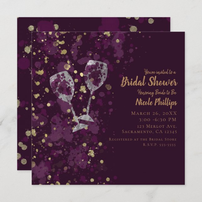 Purple & Gold Splatter Red Wine Modern Party Invitation (Front/Back)