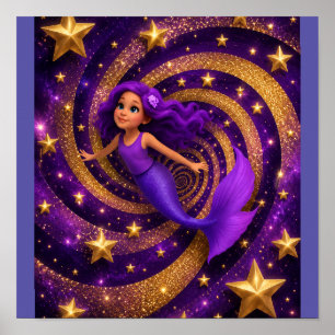 Purple Gold Star Mermaid Optical Illusion Fantas Poster