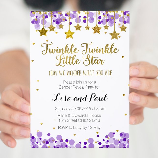 Purple Gold Star Twinkle twinkle gender reveal Invitation (Creator Uploaded)
