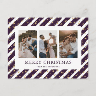 Purple Gold Stars 3 Photo Merry Christmas Holiday Postcard