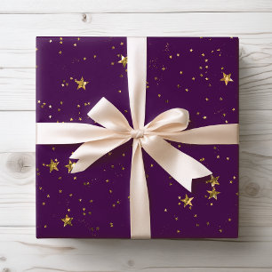 Purple & Gold Stars   Celestial Wrapping Paper