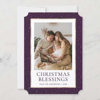 Purple Gold Stars Christmas Blessings Photo Holiday Card