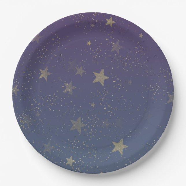 Purple Gold Stars Confetti Paper Plate (Front)