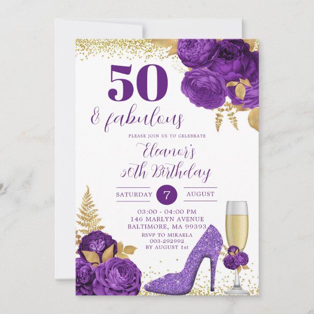 Purple Gold Stiletto Champagne Adult Birthday Invitation (Front)