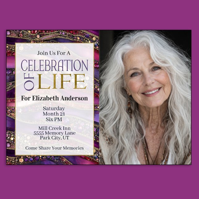Purple Gold Strata Celebration Of Life Invitation (Purple and Gold Jeweled Strata Patterned Celebration Of Life Invitation For Women)
