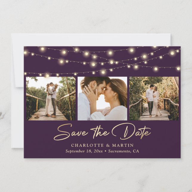 Purple Gold String Lights Photo Collage Wedding Save The Date (Front)